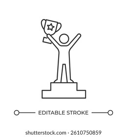 Winner on pedestal line icon. Champion raising bowl standing on podium. Celebrating victory in competition. Isolated vector illustration. Outline symbol. Simple linear drawing. Editable stroke