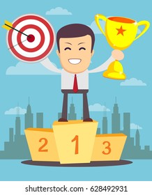 winner on a pedestal. Stock vector illustration for poster, greeting card, website, ad, business presentation, advertisement design.