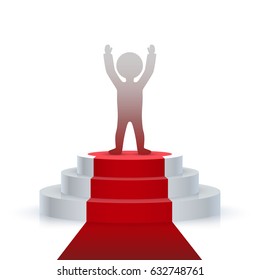 Winner on the podium, hands on top on the while background. Vector illustration