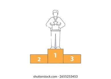 Ganador en el Podium Holding Trophy con la Medalla de Estrella Ilustración Numerado 1 2 3 Naranja