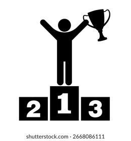 Sieger beim Podium Holding Trophy Cup. Silhouette, Vektorgrafik. Eine einfache, aber kraftvolle Silhouette einer siegreichen Person, die stolz auf einem Podium steht.