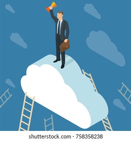  Winner on the top in cloudy blue sky. Ladder to success 3d isometric vector abstract template. Leader on the cloud, front view.  