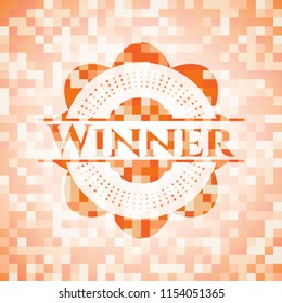Winner orange tile background illustration. Square geometric mosaic seamless pattern with emblem inside.