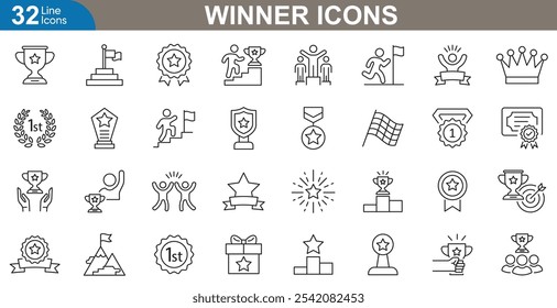 Definição de ícones da estrutura de tópicos do vencedor. Troféu, medalha de ouro, pódio, coroa de louros, estrela, bandeira, coroa, taça e muito mais. ilustração vetorial.