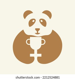 Winner Panda Logo Negative Space Concept Vector Template. Panda Holding Trophy Symbol