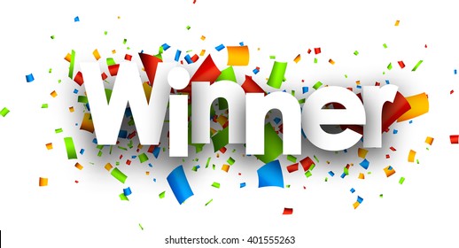 Winner paper banner with color confetti. Vector illustration.