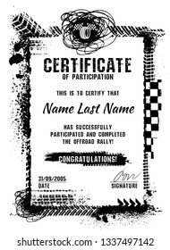 Winner or participation certificate with tire tracks print elements. Off road grunge background. Graphic vector illustration. Editable isolated image in black and white color with copy space.