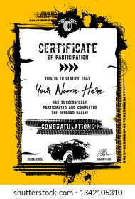 Winner or participation certificate with tire tracks print elements. Off road grunge background. Graphic vector illustration. Editable isolated image in black, yellow, white color with copy space