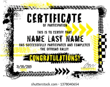 Winner or participation certificate with tire tracks print elements. Off road grunge background. Graphic vector illustration. Editable isolated image in black, yellow, white color with copy space