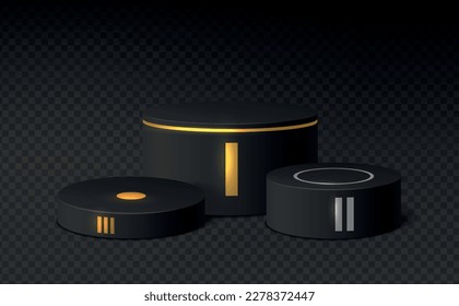 Winner pedestal. Black cylinder podium with red carpet realistic mockup. First second third place award ceremony vector 3d concept