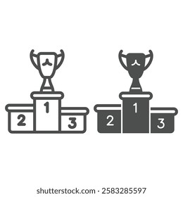 Winner pedestal with champion cup line and solid icon, sport game and competition concept. Vector graphics. Award trophy stand sign on white background, outline style icon for mobile or web design