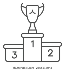 Winner pedestal with champion cup thin line icon, sport game and competition concept. Vector graphics. Award trophy stand sign on white background, outline style icon for mobile or web design