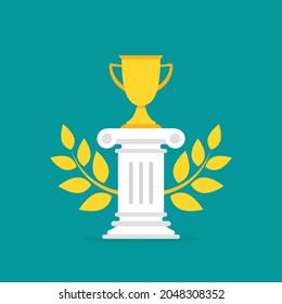 Winner pedestal with gold trophy, winning cup and laurel. Podium for best product with greek or roman column. Antique pillar.First place, award bowl. Symbol of success, victory, championship.