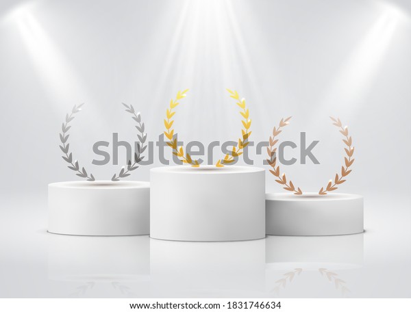 Winner pedestal with laurel. White cylinder podium\
under spotlights realistic mockup. Gold silver bronze leaf round\
wreath on stages, first second third place award ceremony vector 3d\
concept on white