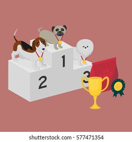 Winner Pedestal. Puppy Wining A Dog Show, Pet On The First Place. Gold Trophy Cup On Prize Podium. Award Ceremony Animal, Doggy Champion Medal, Competition Platform Vector Illustration