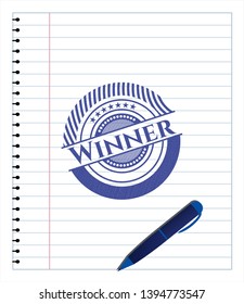 Winner pen strokes emblem. Blue ink. Vector Illustration. Detailed.