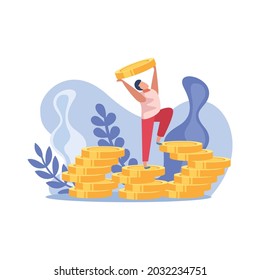 Winner people composition with happy man and pile of gold coins vector illustration