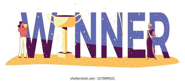 Winner people flat composition with big text flying confetti pieces and golden cup with female prizewinners vector illustration