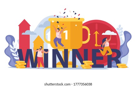 Winner people flat composition with text and images of trophy cup with confetti and human characters vector illustration