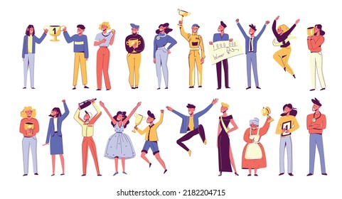Winner people flat set with isolated doodle human characters holding flowers champagne bottles cups and awards vector illustration