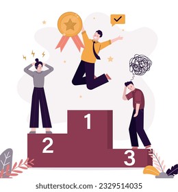 Winner and people losers on podium. Awarding the winners after competition. Happy smart man with gold medal jumps on first place. Celebration of championship, victory. flat vector illustration
