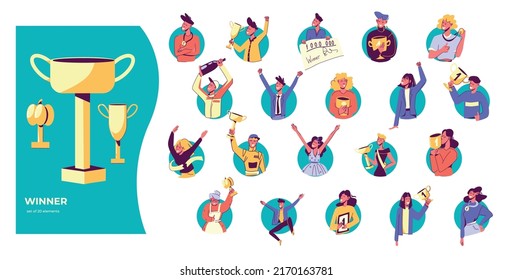 Winner people set with isolated round compositions of flat prize award icons and doodle human characters vector illustration
