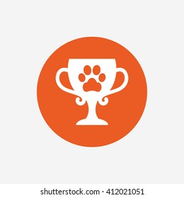 Winner pets cup sign icon. Trophy for pets. Orange circle button with icon. Vector