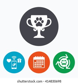 Winner pets cup sign icon. Trophy for pets. Mobile payments, calendar and wifi icons. Bus shuttle.