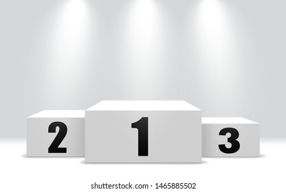 Winner podium with 3 stand. White pedestal for win of first, second and third stage.  First place winner pedestal with spotlight. 3d stand or award platform on isolated background. vector illustration