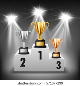 Winner Podium with 3 trophies with illuminated spotlights, Vector Illustration