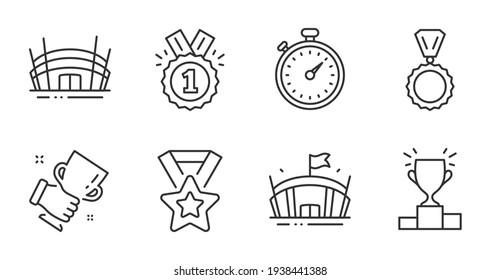 Winner podium, Arena and Medal icons set. Winner cup, Arena stadium and Timer signs. Approved symbol. Vector