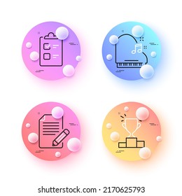 Winner podium, Article and Checklist minimal line icons. 3d spheres or balls buttons. Piano icons. For web, application, printing. Competition results, Feedback, Questioning clipboard. Vector