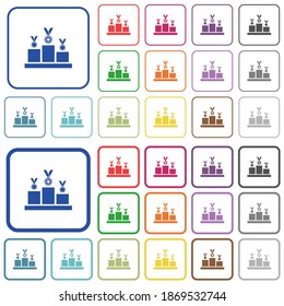 Winner podium with awards color flat icons in rounded square frames. Thin and thick versions included.