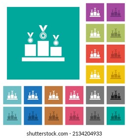 Winner podium with awards multi colored flat icons on plain square backgrounds. Included white and darker icon variations for hover or active effects.