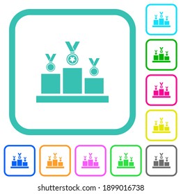 Winner podium with awards vivid colored flat icons in curved borders on white background