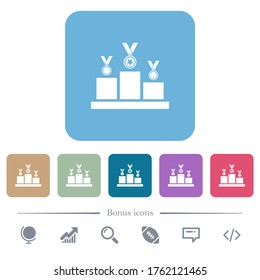Winner podium with awards white flat icons on color rounded square backgrounds. 6 bonus icons included