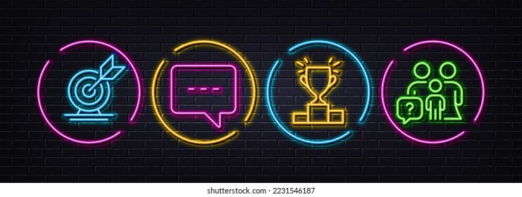 Winner podium, Blog and Target goal minimal line icons. Neon laser 3d lights. Family questions icons. For web, application, printing. Competition results, Chat message, Successful business. Vector