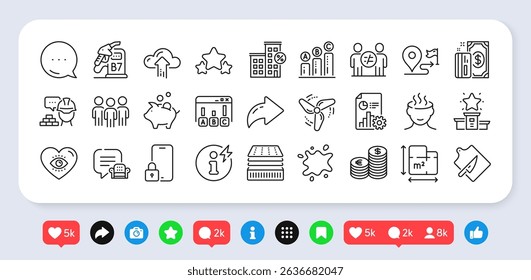 Winner podium, Build and Meditation eye line icons pack. Social media: share, comment, like icons. Journey, Discrimination, Power info web icon. Currency, Piggy bank, Payment pictogram. Vector