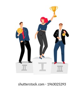 Winner podium. Business people win, happy creative team. Cartoon woman holding gold trophy and men with medals on pedestal vector concept