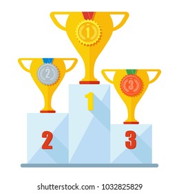 Winner podium, champion place. First, second and third place in the competition. Flat vector cartoon award illustration. Objects isolated on a white background.