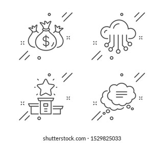 Winner podium, Check investment and Cloud storage line icons set. Text message sign. First place, Business report, Data service. Chat bubble. Technology set. Line winner podium outline icon. Vector