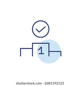 Winner podium and checkmark. Pixel perfect, editable stroke vector icon