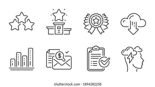 Winner podium, Cloud download and Survey checklist line icons set. Mindfulness stress, Winner ribbon and Ranking stars signs. Graph chart, Accounting report symbols. Quality line icons. Vector