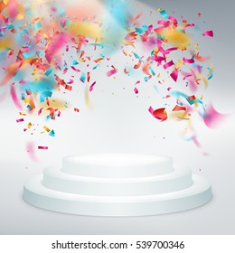 Podio ganador confetti con rayos de luz. Ilustración de fiesta o festival. Archivo vectorial EPS 10 incluido
