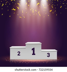 Winner podium with confetti on bright background. Empty pedestal for award ceremony. Platform illuminated by spotlights. Vector illustration.