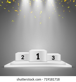 Winner podium with confetti on gray background. Empty pedestal for award ceremony. Platform illuminated by spotlights. Vector illustration.