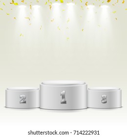 Winner podium with confetti on light background. Empty pedestal for award ceremony. Platform illuminated by spotlights. Vector illustration.