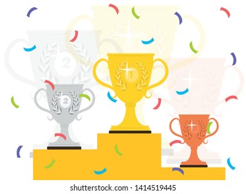Winner podium with confetti. Prize trophy. Vector