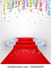 winner podium confetti with red carpet. Vector party festival illustration