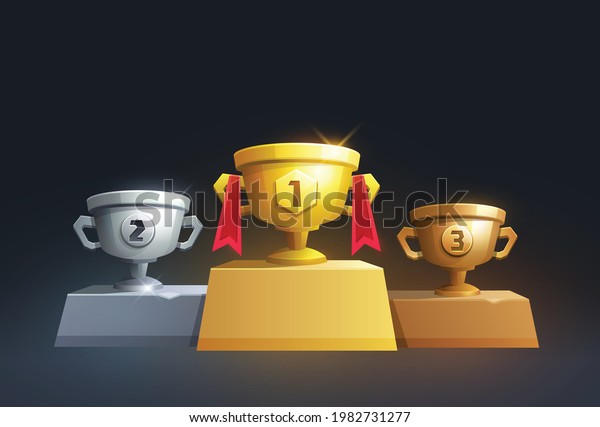 Winner podium with cup for the first, second\
and third place. Gold, silver, bronze trophies. Prize for\
champions. Handing awards to winner. trophy Vector illustration for\
game interface